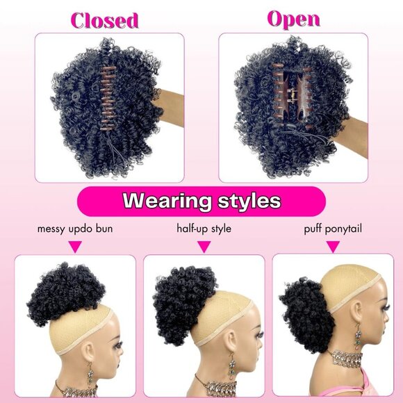 Afro Kinky Curl Ponytail Synthetic Hair Clip-In Messy Bun Black Women Style main image 4